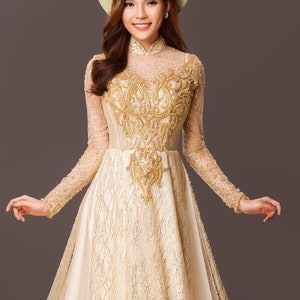 Beautiful gold beading wedding ao dai with matching gold headpiece, traditional Vietnamese ao dai for bride made to order image 2