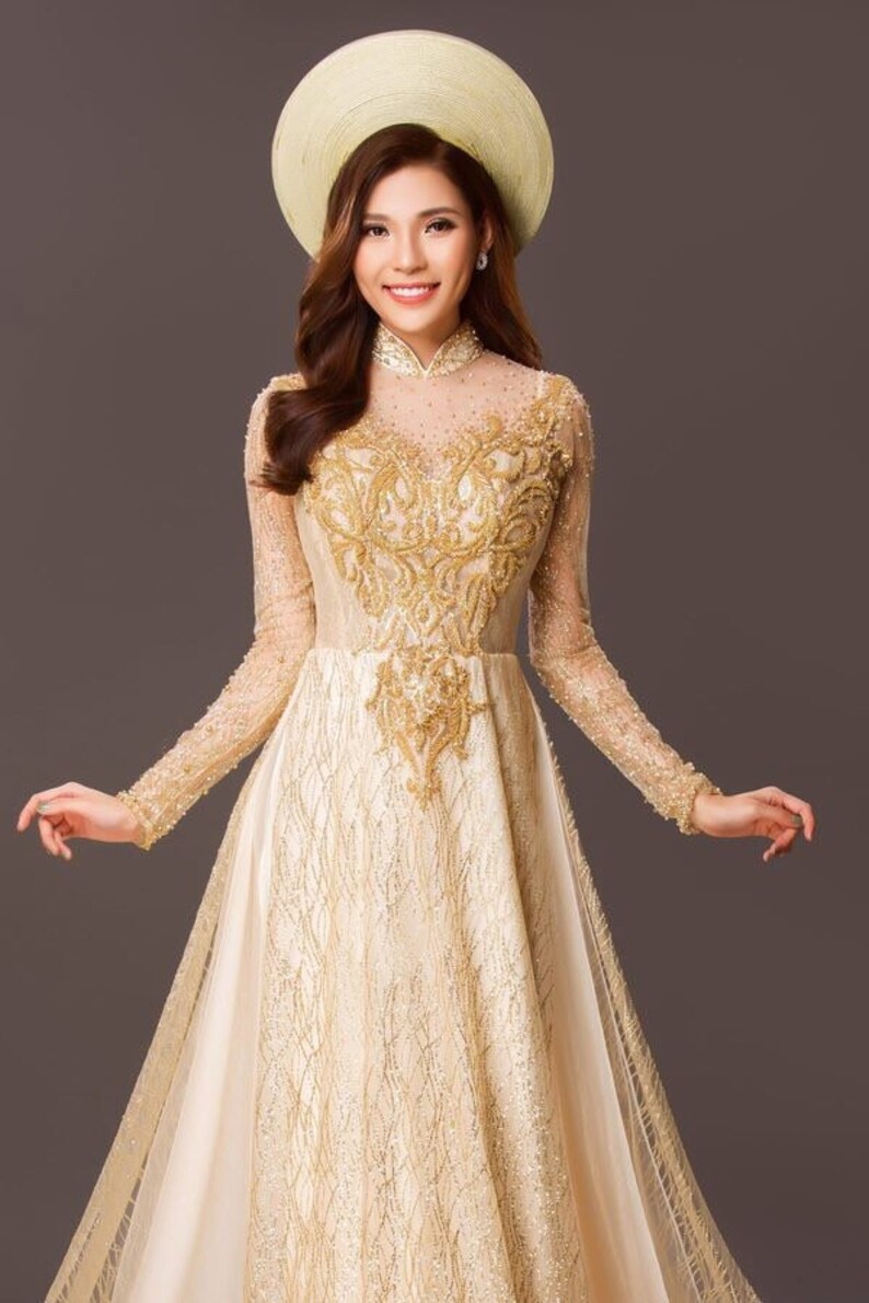 Beautiful gold beading wedding ao dai with matching gold headpiece, traditional Vietnamese ao dai for bride made to order image 2