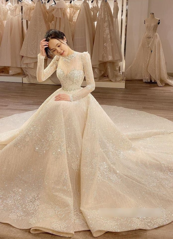 Unique Crystal Sparkling Lace Princess Wedding Dress Made to Order, Luxury  Beaded Long Sleeve Bridal Gown for a Fairy Tail Wedding 