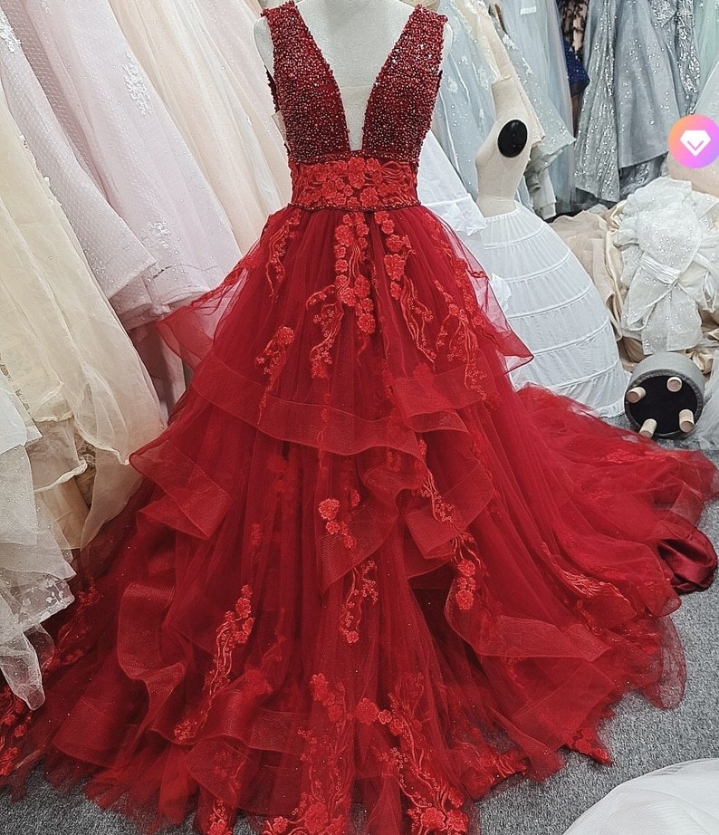 Gorgeous Red Princess Wedding Dress Made to Order Red Beaded | Etsy