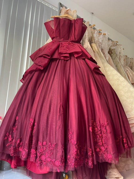 Strapless Red Ball Gown Formal Dress with Chic Bow
