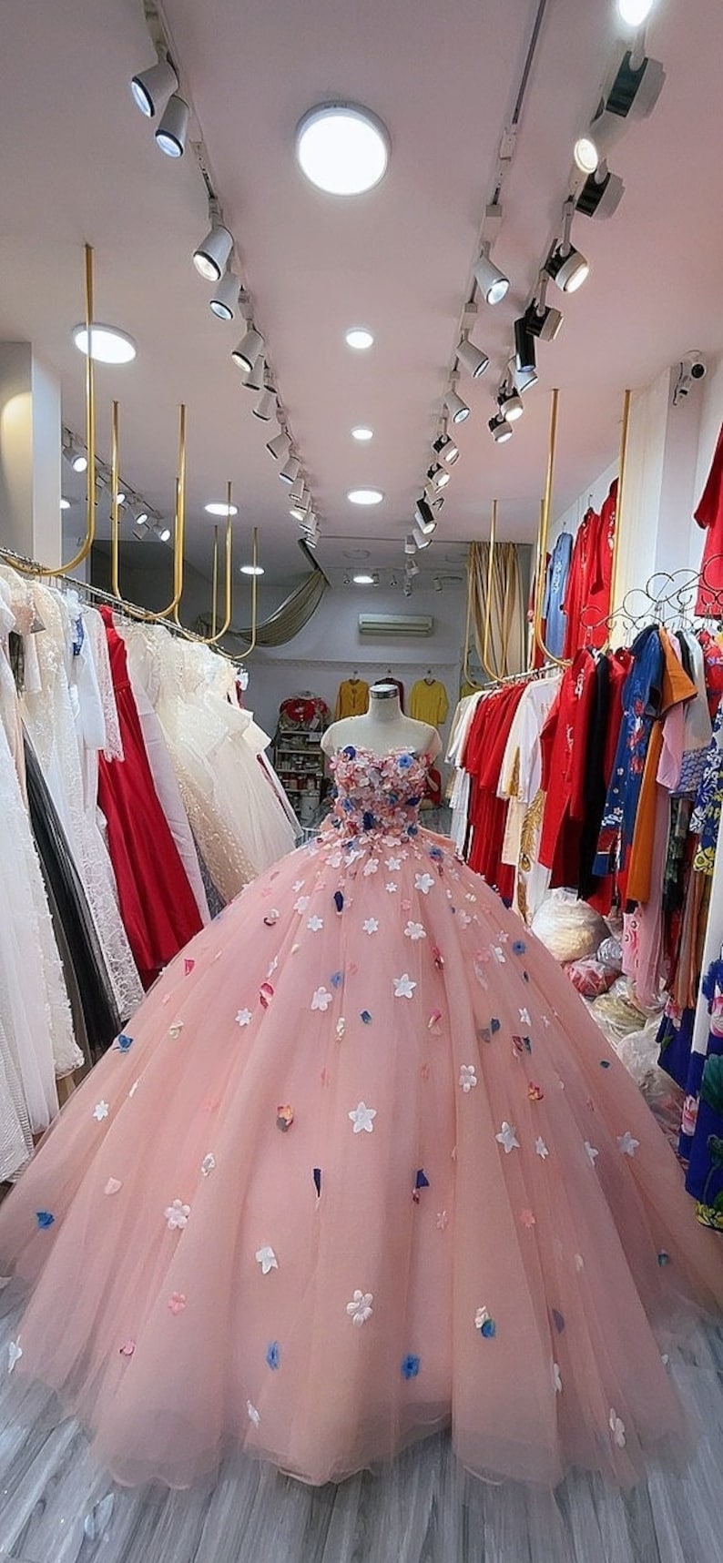 Dreamy pink princess wedding dress made to order, strapless pink bridal ball gown with colorful little flowers and big bow at the back image 5