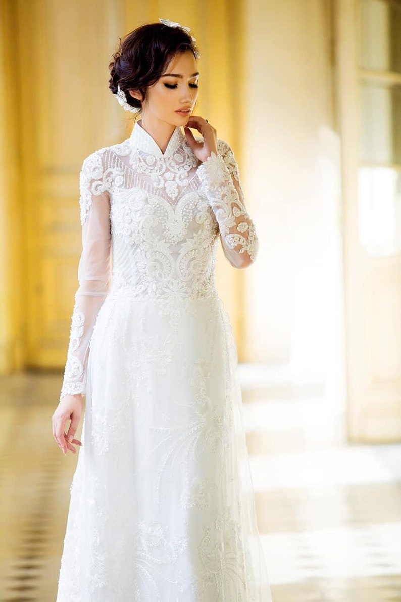 White Custom Tailored Wedding Ao Dai Traditional