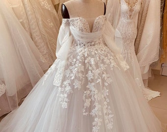 Unique ivory vintage lace wedding dress made to order, beautiful princess off the shoulder ball gown for a fairy tail wedding