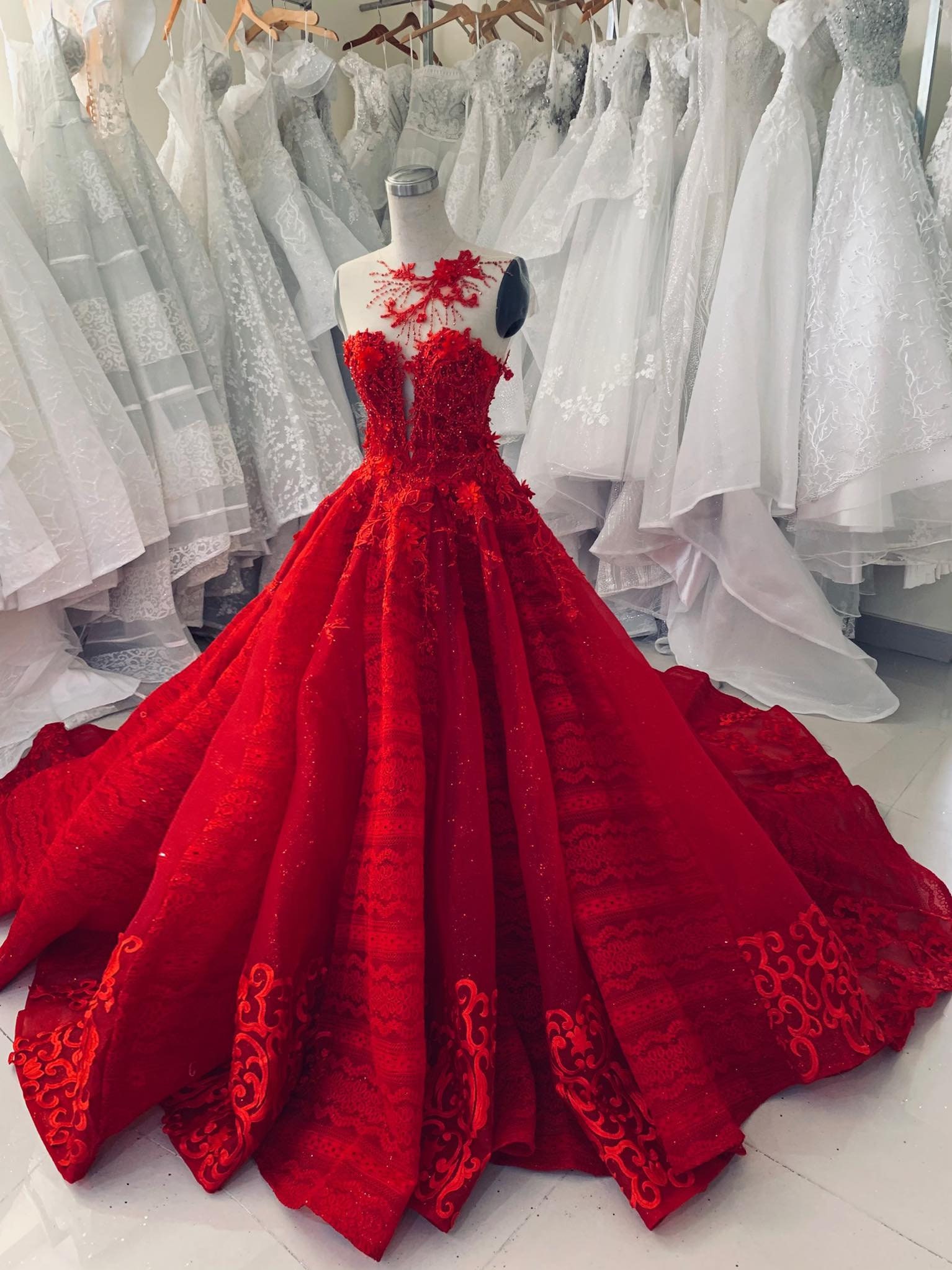 Bright Red Princess Wedding Dress With Unique Neck Design | Etsy