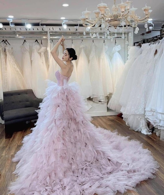 Beautiful Strapless Blush Princess Wedding Dress With Slit Made to Order,  off the Shoulder Princess Blush Pink Purple Bridal Gown - Etsy