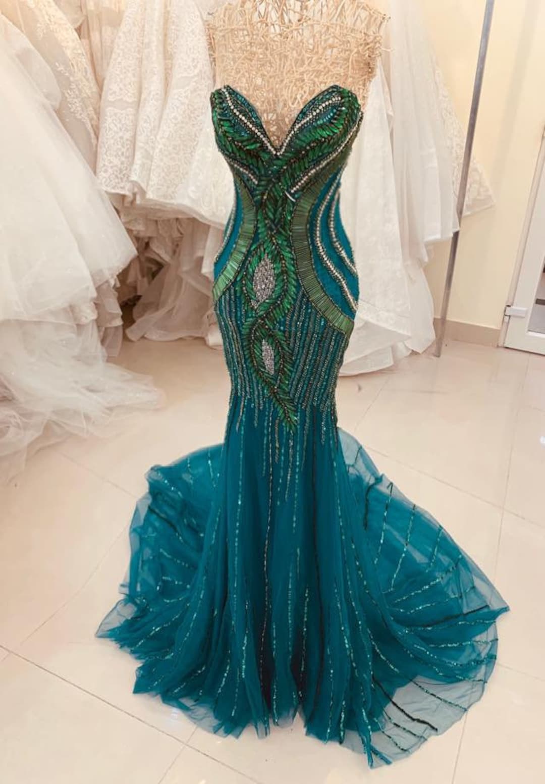 Mint Blue Organza Crystal Embellished Draped Mermaid Gown Design by BAYA BY  RICHA at Pernia's Pop Up Shop 2024
