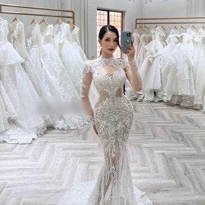 Gorgeous Long Sleeve Mermaid Beaded Wedding Dress Made to - Etsy