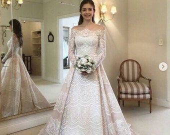 Stunning off the shoulder lace wedding dress made to order, long sleeve princess bridal gown