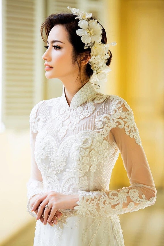 White Authentic Traditional Vietnamese Dress Ao Dai Handmade Rare 4 Layer