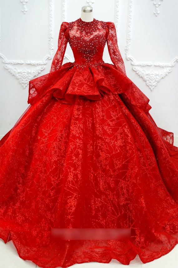 Sexy red sparkling wedding ball gown dress chapel train with floral lace  applique and beads