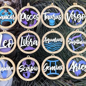 Zodiac Horoscope Ornament – Laser Engraved Double Layer Wood Ornament– Astrology Gift – All Zodiac signs available - Bow and Bead Option