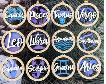 Adorno del zodiaco grabado con láser: regalo astrológico de madera de arce