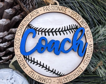 Baseball coach gift, Personalized baseball ornament / car charm, Double layered laser engraved sports ornament with custom colors