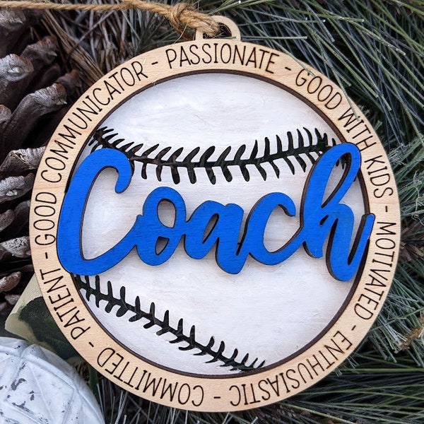 Baseball coach gift, Personalized baseball ornament / car charm, Double layered laser engraved sports ornament with custom colors