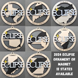 2024 Eclipse Keepsake, Path of totality states magnet or ornament, Eclipse Souvenir - 12 different states Ohio, New York, Indiana, Maine