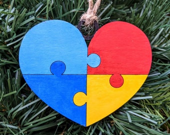 Autism Ornament, Puzzle Heart Ornament, ABA Therapist Gift, Puzzle Piece Heart, Gift for Autism Parent, Laser Engraved Wood Heart