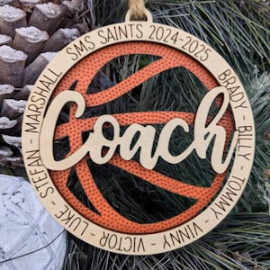 Basketball coach gift, Personalized basketball ornament / car charm, Double layered laser engraved sports ornament with custom colors
