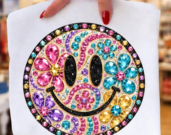 Retro Smiley PNG, Juvelbesatta Blommiga Sommarvibbar, Strass Glada Ansikte Skjorta Design, Preppy Sublimering Digital Nedladdning,