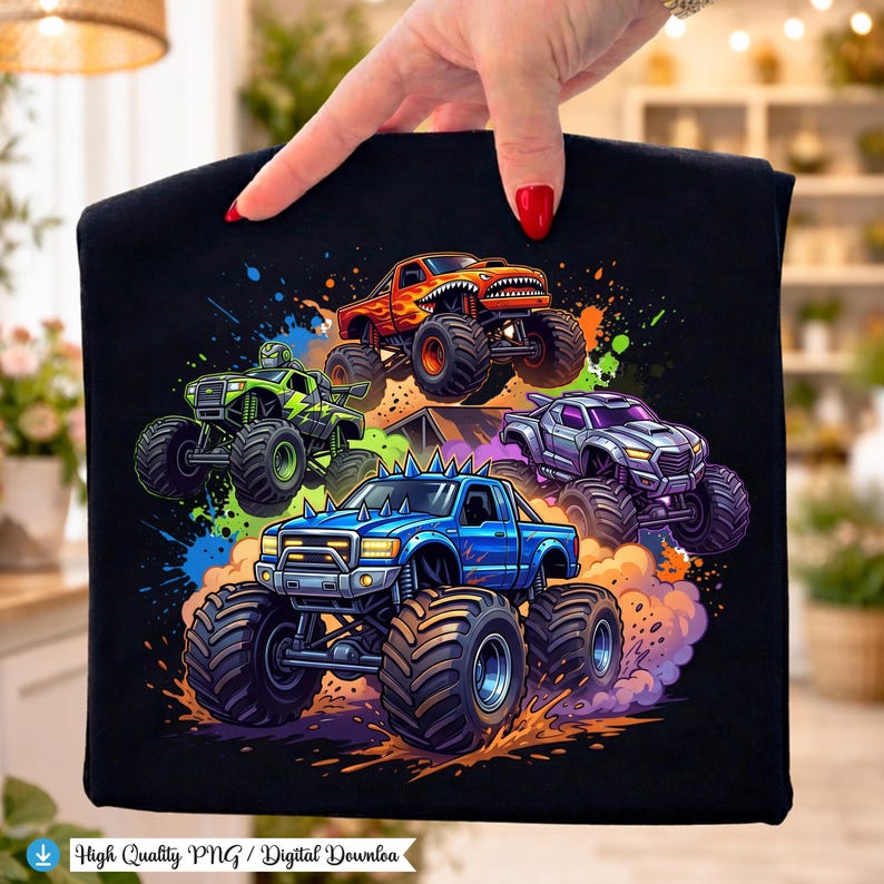 K&ouml;nnte beinhalten: Schwarzes T-Shirt mit einer farbenfrohen Grafik von f&uuml;nf Monstertrucks. Die Trucks sind in Orange, Gr&uuml;n, Blau und Lila dargestellt, mit gro&szlig;en R&auml;dern und detaillierten Designs. Das Design enth&auml;lt Farbspritzer und den Text "High Quality PNG / Digital Download".