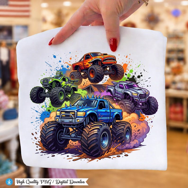 K&ouml;nnte beinhalten: Wei&szlig;es T-Shirt mit einer farbenfrohen Illustration von f&uuml;nf Monstertrucks. Die Trucks sind in Blau, Orange, Gr&uuml;n und Silber dargestellt, mit gro&szlig;en Reifen und detaillierten Designs. Das Design umfasst Farbspritzer und den Text "High Quality PNG / Digital Download".