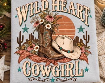 Wild Heart Cowgirl PNG Retro Western Boot Rodeo Shirt Trendy Sublimation Design Digital Download
