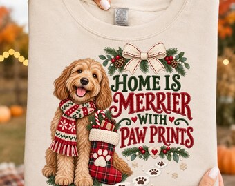 Home Is Merrier With Paw Prints PNG, Christmas Dog PNG, Trendy Sublimation Design Digital Download