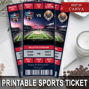 May include: Printable sports ticket with a football theme. The ticket features a stadium scene, football helmets, and the text "Happy Birthday Babe! I love you!" The ticket also includes the text "EDIT IN CANVA".