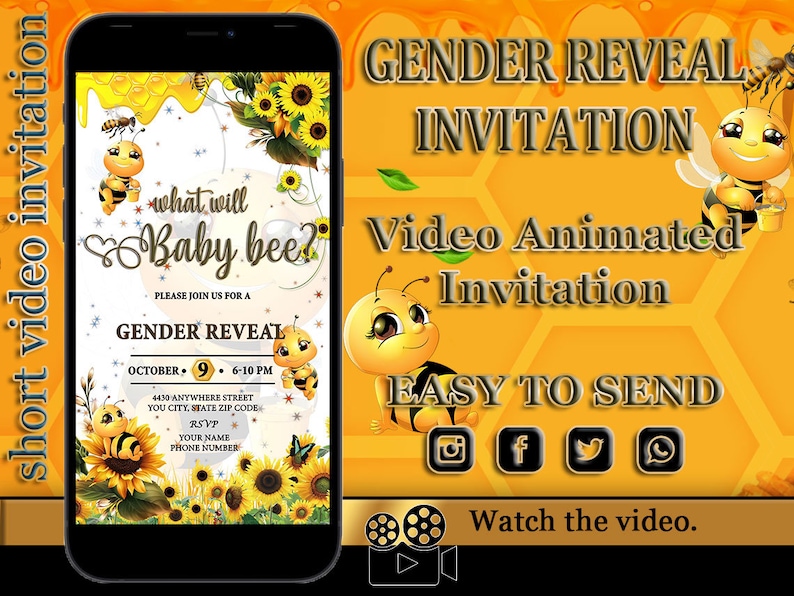 Gender Reveal Invitation Baby Shower Video Invitation Baby Brunch Video Invitation What will baby bee gender reveal evite