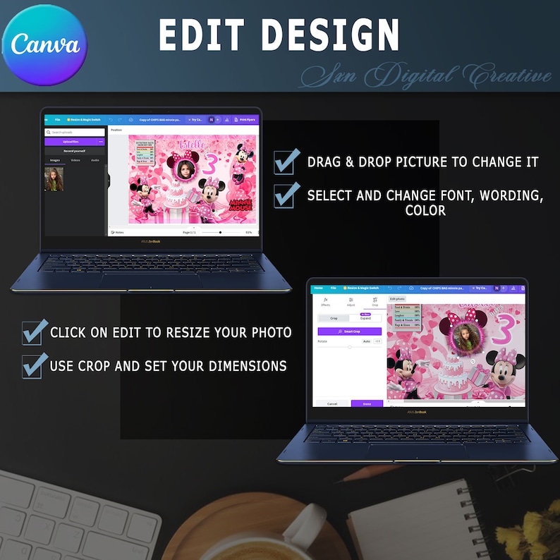May include: Two laptops displaying a Canva design interface. The text "EDIT DESIGN" is at the top, with instructions to drag and drop pictures, change fonts, and resize photos. A Minnie Mouse-themed birthday design is shown.