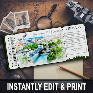 Hungary Surprise Trip Reveal Tickets, Printable Surprise Budapest Hungary Ticket Template, Editable Ticket Template