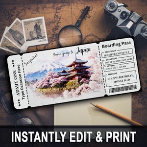 Japan Trip Surprise Gift Ticket - You&#39;re Going to JAPAN - Printable, Flight, Boarding Pass, Editable, Instant Download, Travel Print