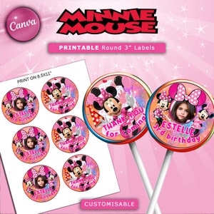 Pink Minnie Mouse Round Label, Minnie Mouse Birthday Labels, Pink Party Favors, Minnie Mouse Birthday Lollipop Party Favors