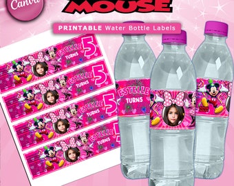 Etiquetas rosas para botellas de agua de Minnie Mouse: recuerdos para fiestas de cumpleaños (plantilla de Canva)