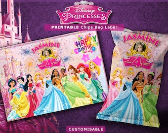 Étiquettes de fête pour sac de chips Princesses, Princesses imprimables, Fournitures d'anniversaire
