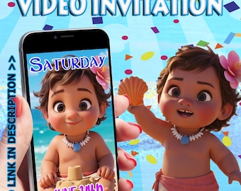 Invitation vidéo d'anniversaire d'enfant : thème Baby Moana (téléchargement numérique)