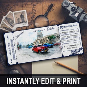 Biglietto d'imbarco stampabile L'Avana Cuba, biglietto viaggio a sorpresa L'Avana, biglietto d'imbarco a sorpresa per Cuba, biglietto regalo per Cuba, biglietto personalizzato Canva