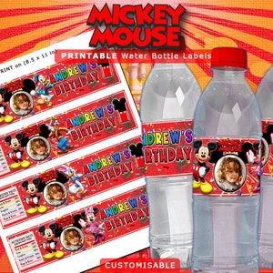 Étiquettes de bouteilles d’anniversaire pour enfants imprimables, étiquettes de bouteilles d’eau imprimables Mickey avec photo
