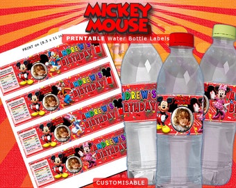 Mickey Mouse Birthday Water Bottle Labels: Personalized Printable (JPG File)