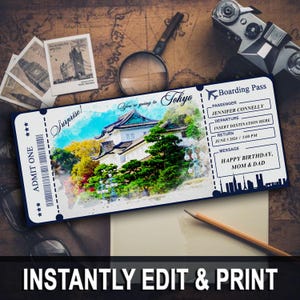 Editable Tokyo Boarding Pass template, Printable Watercolor Custom Plane Ticket Tokyo, Japan plane ticket with envelope, Instant Download