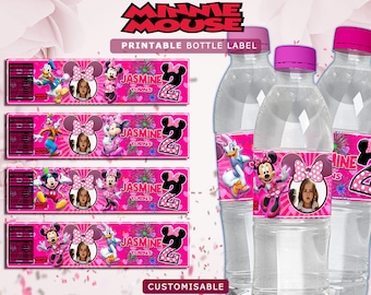 Etiquetas personalizadas para botellas de agua de cumpleaños de Minnie Mouse (descarga digital)