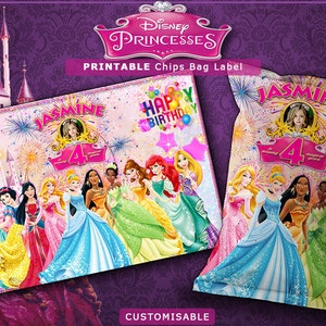 Princesses Birthday Chip Bag Labels: Pink Party Wrapper (JPG File)