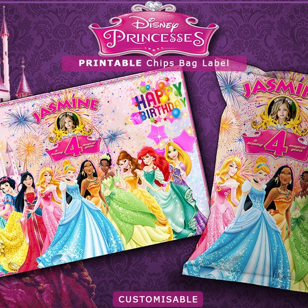 Princesses pink chip bag labels with picture, Princesses Birthday Party Chip Bags Wrapper Label