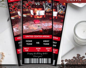 May include: Printable sports ticket with a black and red design. The ticket has the text "MONTH DEC DAY 29 TIME 12:00 PM VS" and "UNITED CENTER ARENA" on it. The ticket also has the text "Happy Birthday Babe! I love you!" on it.