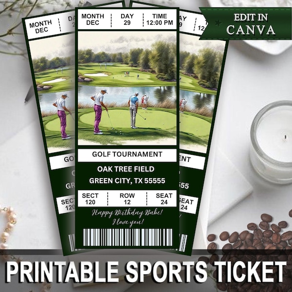 Plantilla imprimible de boletos para el Tour de Golf, boleto sorpresa para el Tour de Golf, golf profesional, vale de regalo, regalo para el Día del Padre
