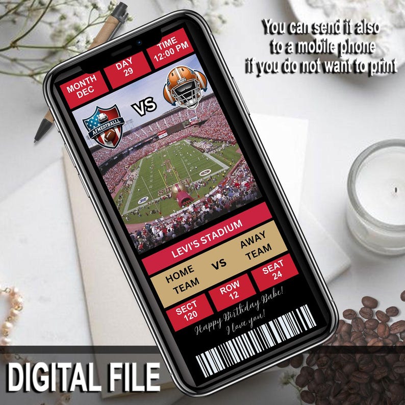 Puede incluir: Un boleto digital de f&uacute;tbol con un esquema de color rojo, blanco y dorado. El boleto es para un partido en el Levi's Stadium el 29 de diciembre a las 12:00 PM. El boleto tiene el texto "Happy Birthday Babe! I love you!" impreso en &eacute;l.