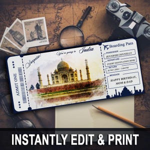 Billet imprimable avec carte d'embarquement Inde Asie, Billet voyage surprise en Inde, Carte d'embarquement surprise Inde, Billet cadeau Inde, Billet personnalisé Canva