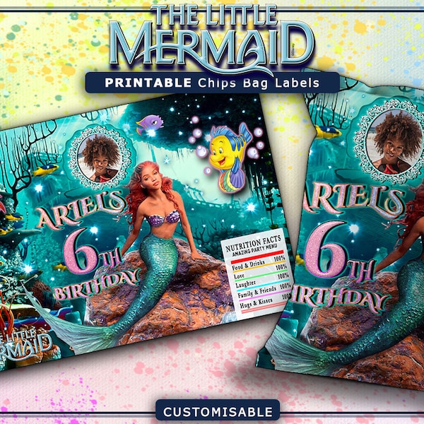 Mermaid Birthday Party Chips Bag label, Customized Birthday labels with picture , Chips Bag label, Party Chips Bag labels