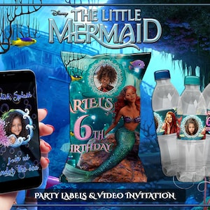 Little Mermaid Birthday Party Bundle Customized Labels with Picture and  Birthday Video Invitation