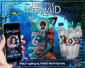 Étiquettes personnalisées pour fête d'anniversaire de la petite sirène avec photo et invitation vidéo d'anniversaire